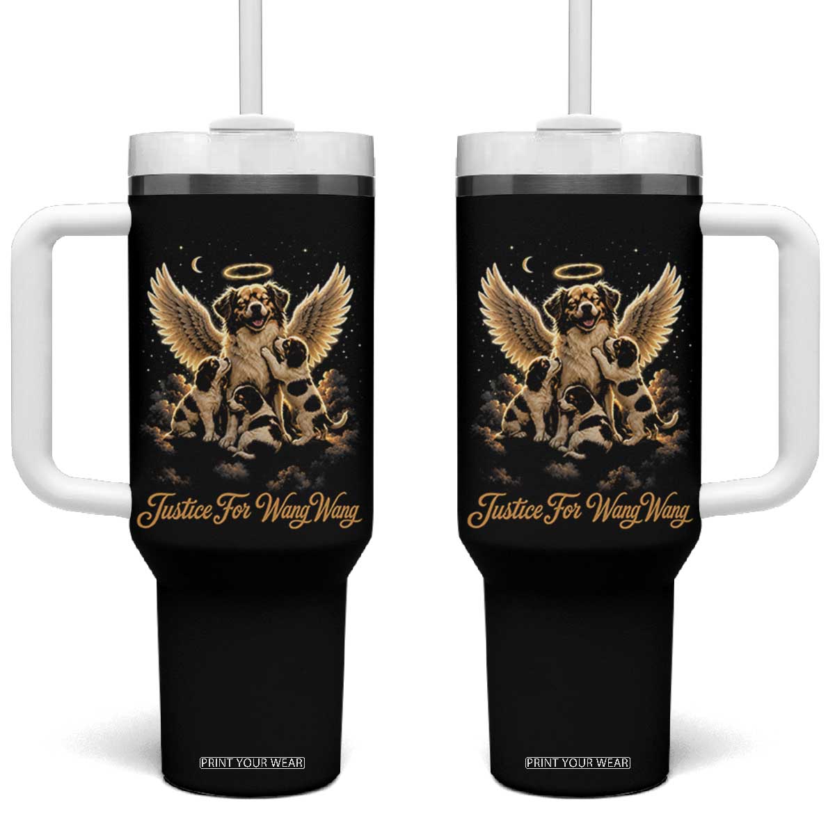 Justice For Wangwang Angel Dog Halo Puppies Tumbler With Handle Heavenly Pet Loss Memorial Graphic TS02 One Size: 40 oz Black Print Your Wear