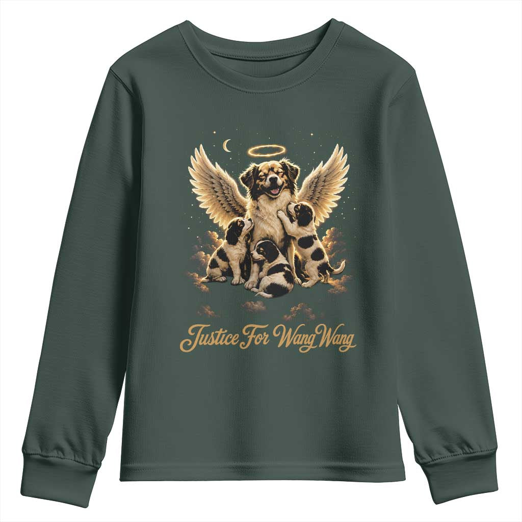 Justice For Wangwang Angel Dog Halo Puppies Youth Sweatshirt Heavenly Pet Loss Memorial Graphic TS02 Dark Forest Green Print Your Wear
