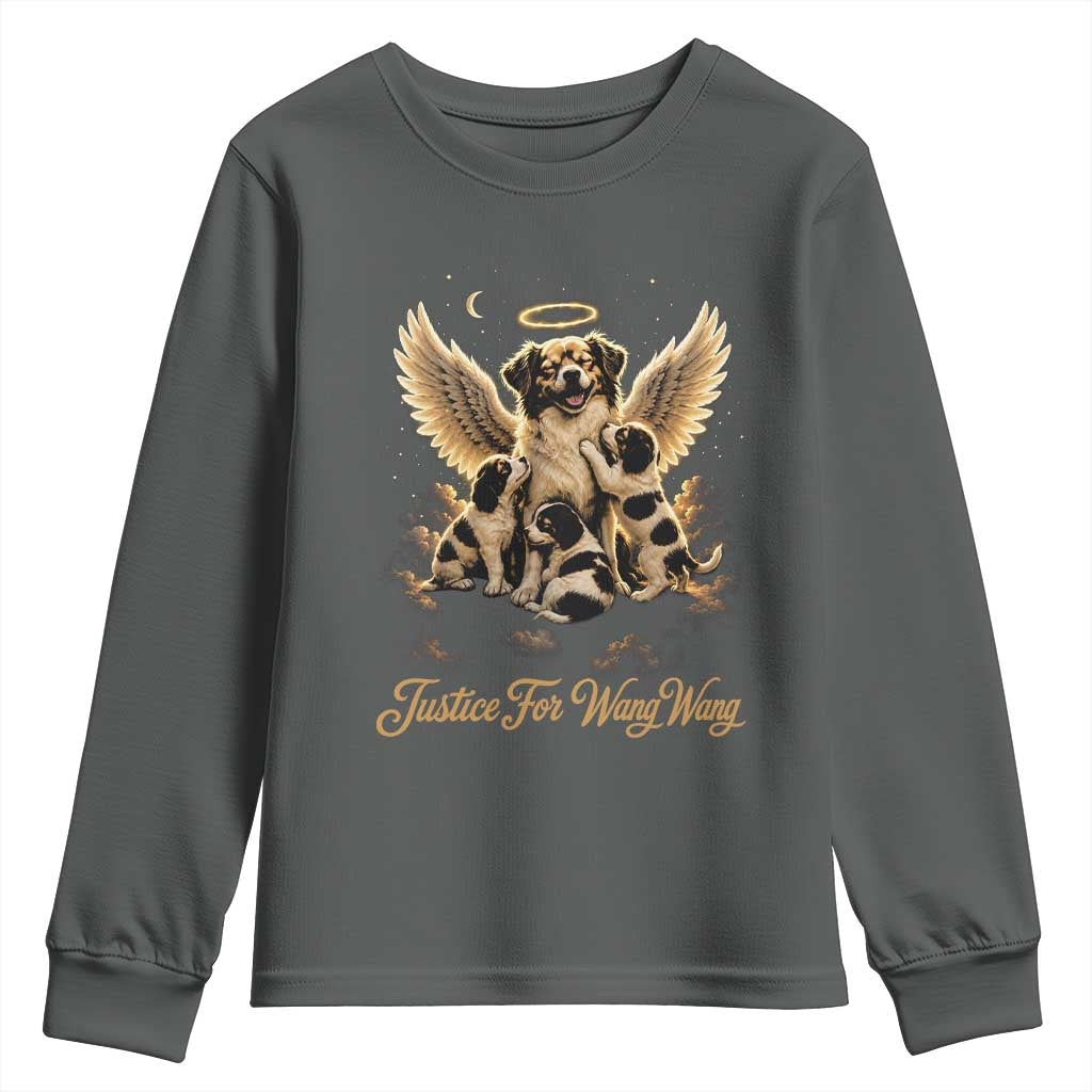 Justice For Wangwang Angel Dog Halo Puppies Youth Sweatshirt Heavenly Pet Loss Memorial Graphic TS02 Dark Heather Print Your Wear