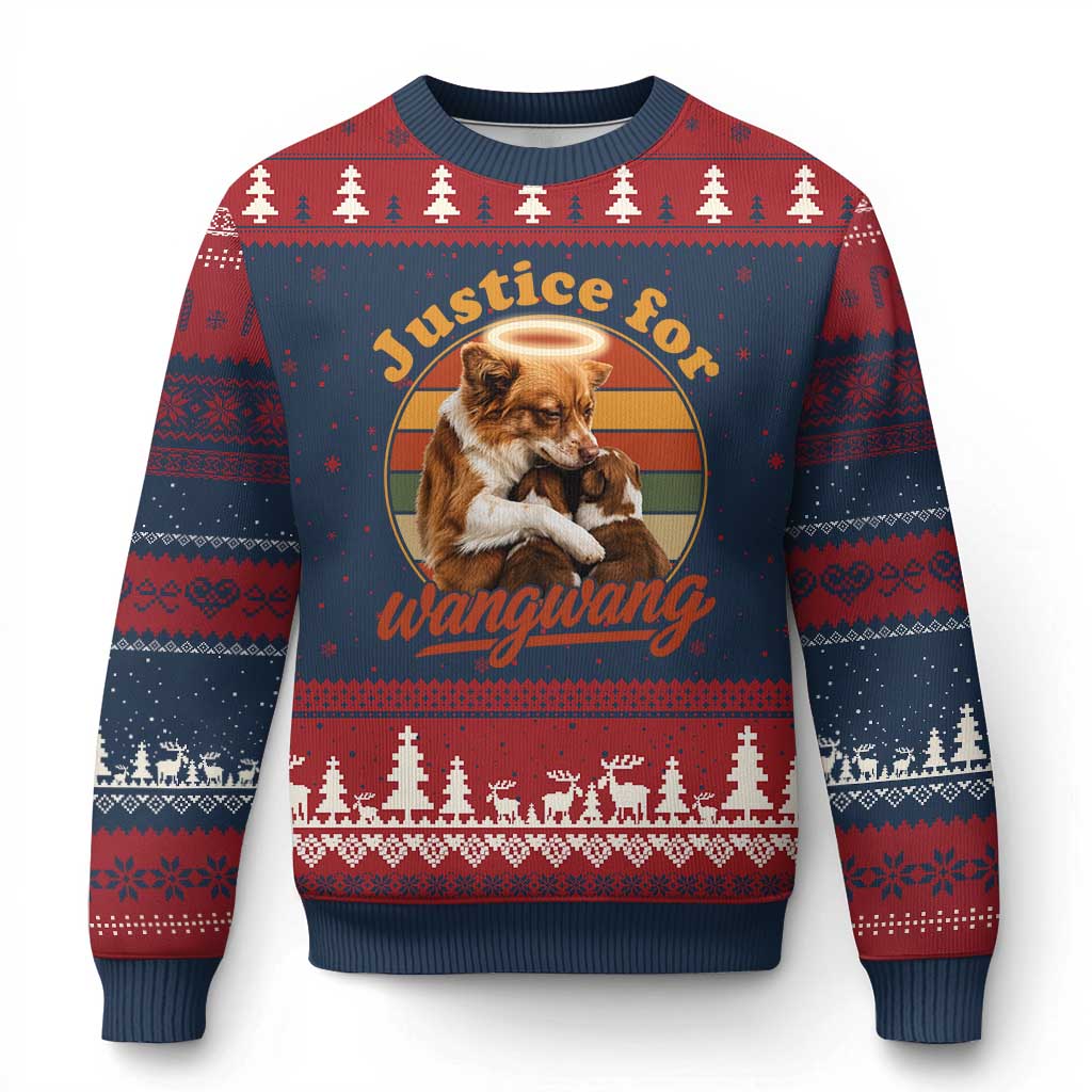 Justice For Wangwang Retro Sunset Halo Dog Mama Ugly Christmas Sweater Pet Memorial Awareness Graphic TS02 Navy Red Print Your Wear