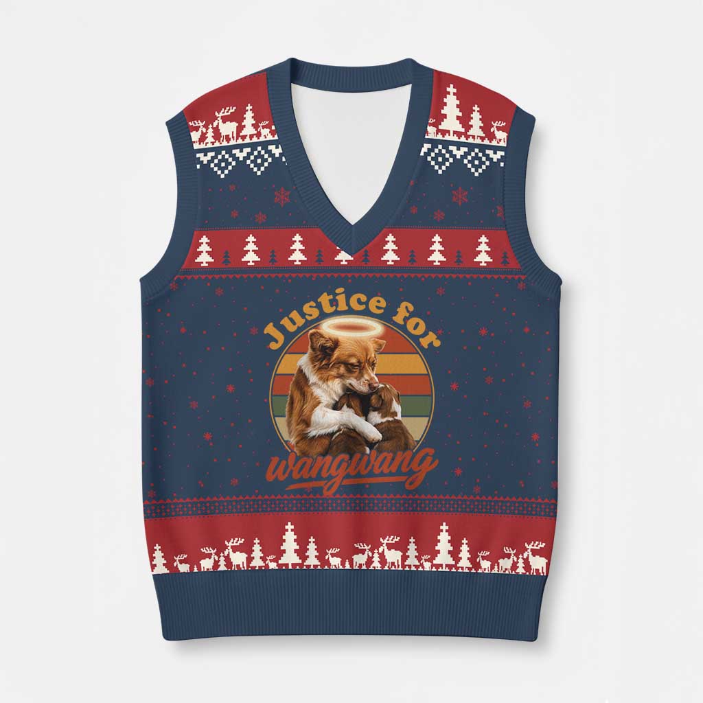 Justice For Wangwang Retro Sunset Halo Dog Mama V-Neck Knit Sweater Vest Pet Memorial Awareness Graphic TS02 Navy Red Print Your Wear
