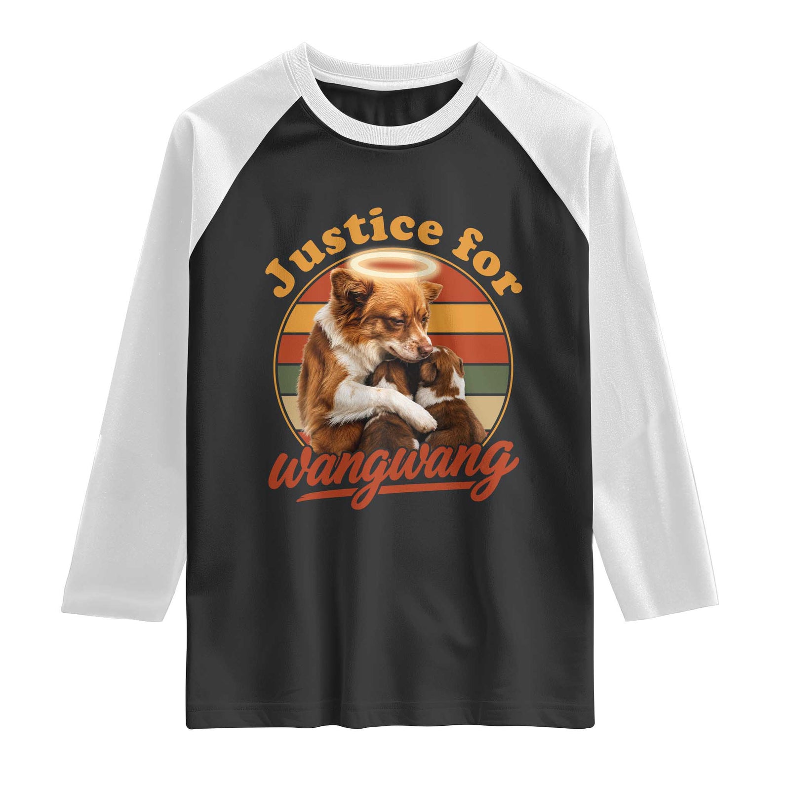 Justice For Wangwang Retro Sunset Halo Dog Mama Raglan Shirt Pet Memorial Awareness Graphic TS02 Black White Print Your Wear