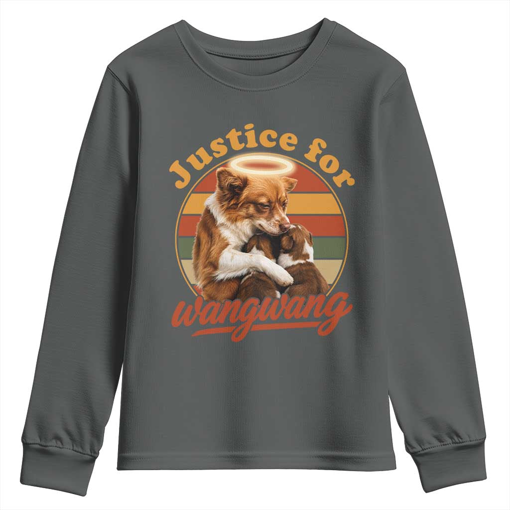 Justice For Wangwang Retro Sunset Halo Dog Mama Youth Sweatshirt Pet Memorial Awareness Graphic TS02 Dark Heather Print Your Wear