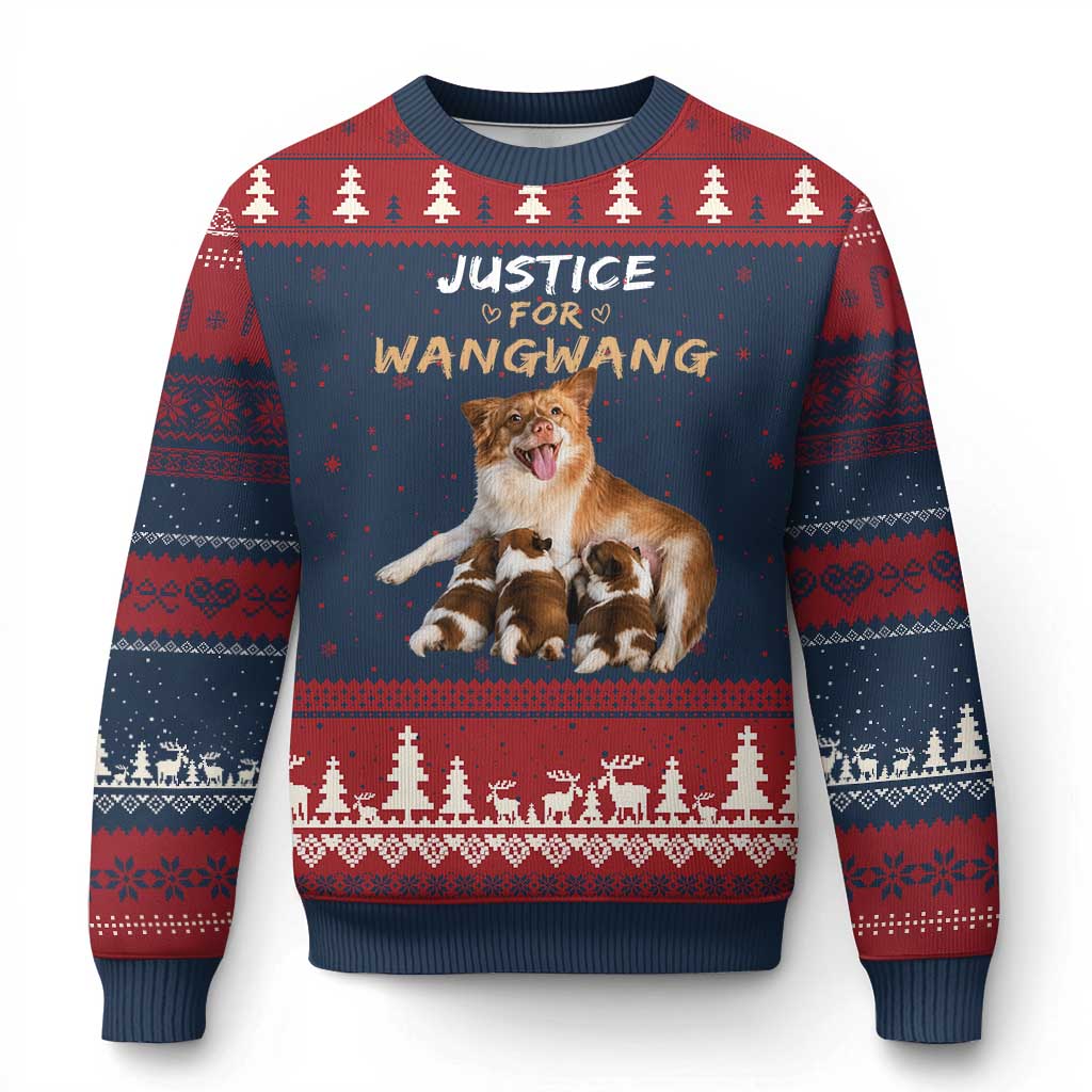 Justice For Wangwang Mother Dog Newborn Puppies Ugly Christmas Sweater Animal Rights Awareness Graphic TS02 Navy Red Print Your Wear