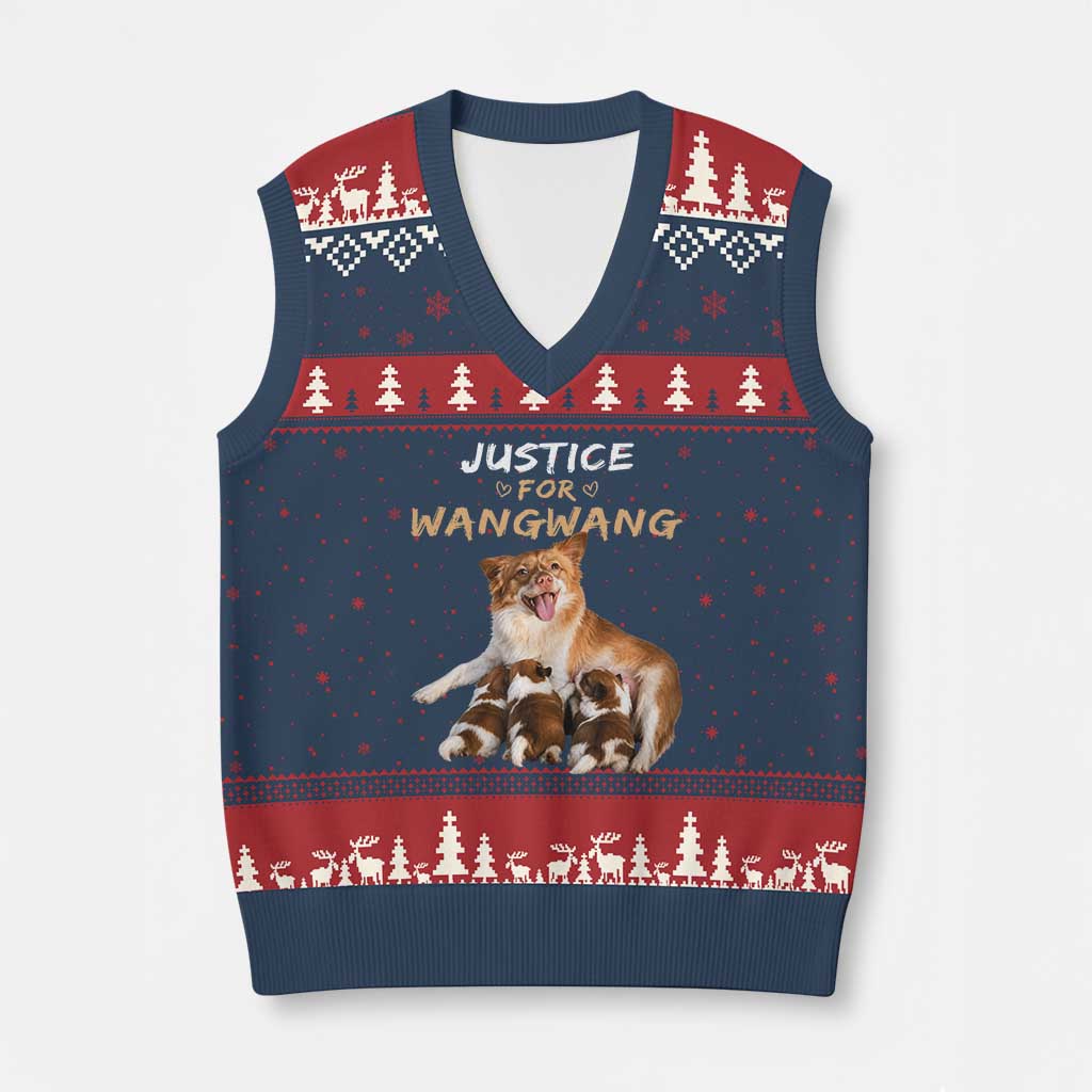 Justice For Wangwang Mother Dog Newborn Puppies V-Neck Knit Sweater Vest Animal Rights Awareness Graphic TS02 Navy Red Print Your Wear