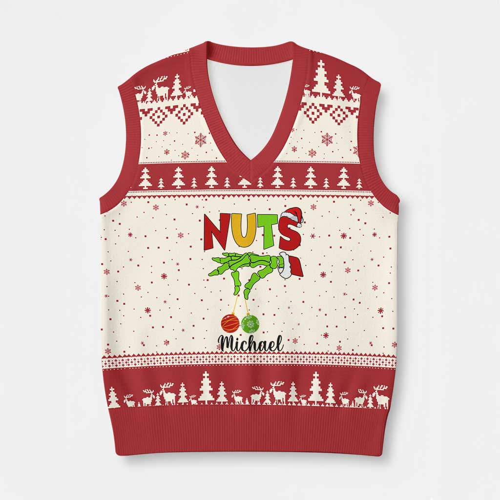 Personalized Xmas Matching Couple V-Neck Knit Sweater Vest Custom Name Chestnuts Xmas Funny Nuts TS02 Beige Red Print Your Wear