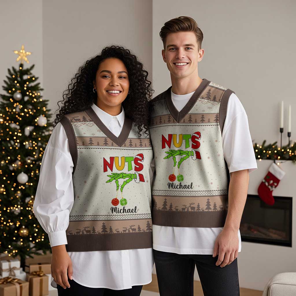 Personalized Xmas Matching Couple V-Neck Knit Sweater Vest Custom Name Chestnuts Xmas Funny Nuts TS02 Mocha Mousse Print Your Wear