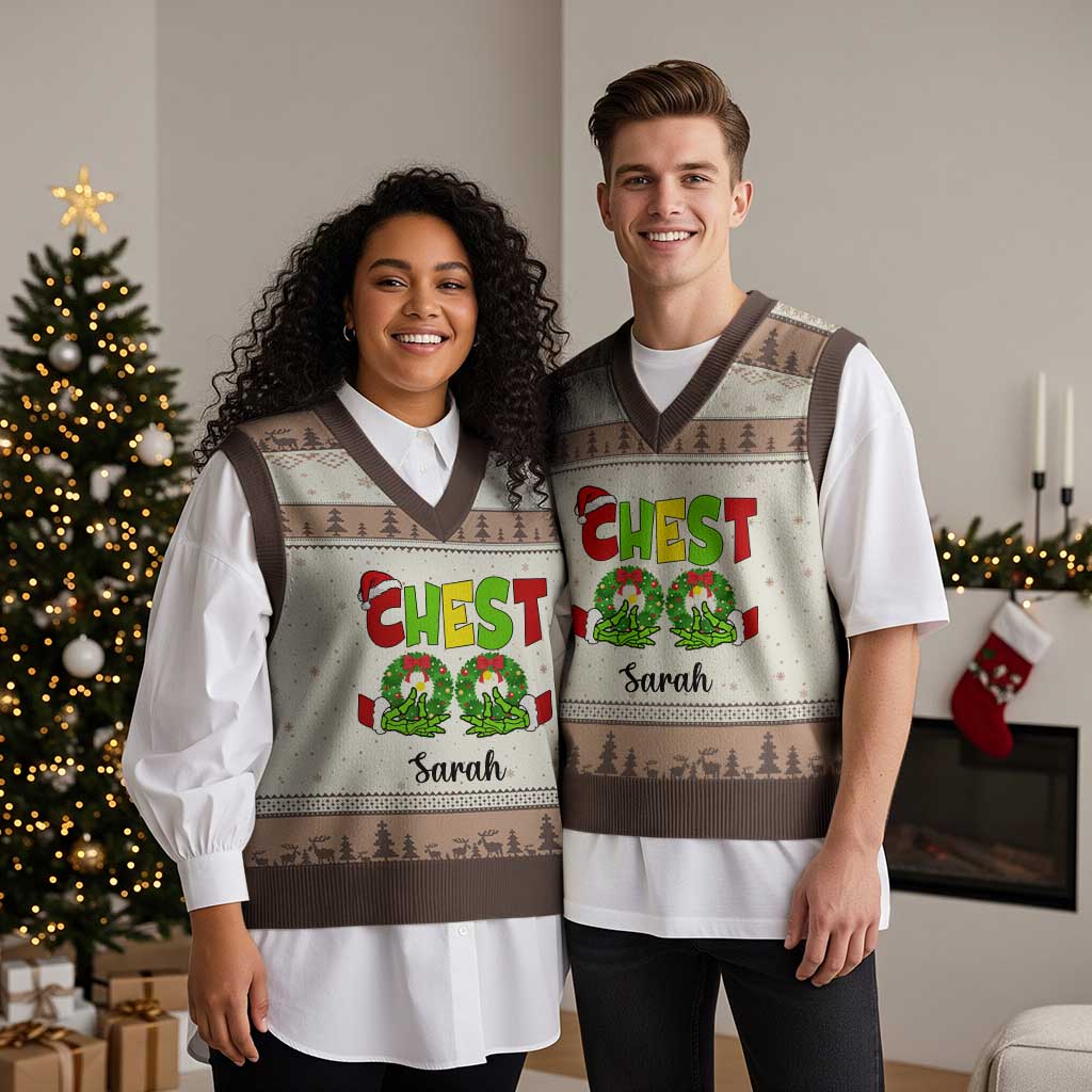 Personalized Xmas Matching Couple V-Neck Knit Sweater Vest Custom Name Chestnuts Xmas Funny Chest TS02 Mocha Mousse Print Your Wear