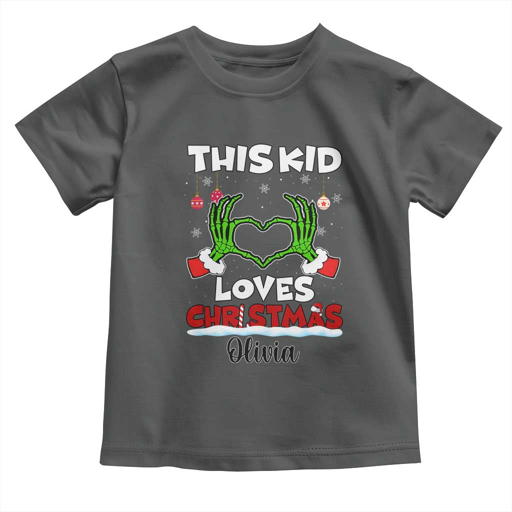 Personalized Funny Christmas Lover Baby Shirt Custom Kids Name Skeleton Hand Heart TS02 Dark Heather Print Your Wear
