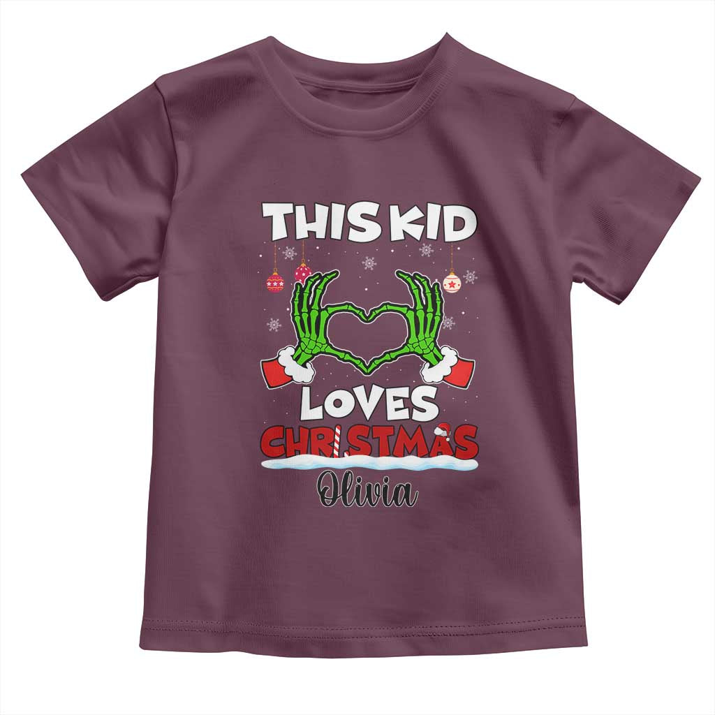 Personalized Funny Christmas Lover Baby Shirt Custom Kids Name Skeleton Hand Heart TS02 Maroon Print Your Wear
