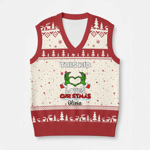 Personalized Funny Xmas Lover V-Neck Knit Sweater Vest Custom Kids Name Skeleton Hand Heart TS02 Beige Red Print Your Wear