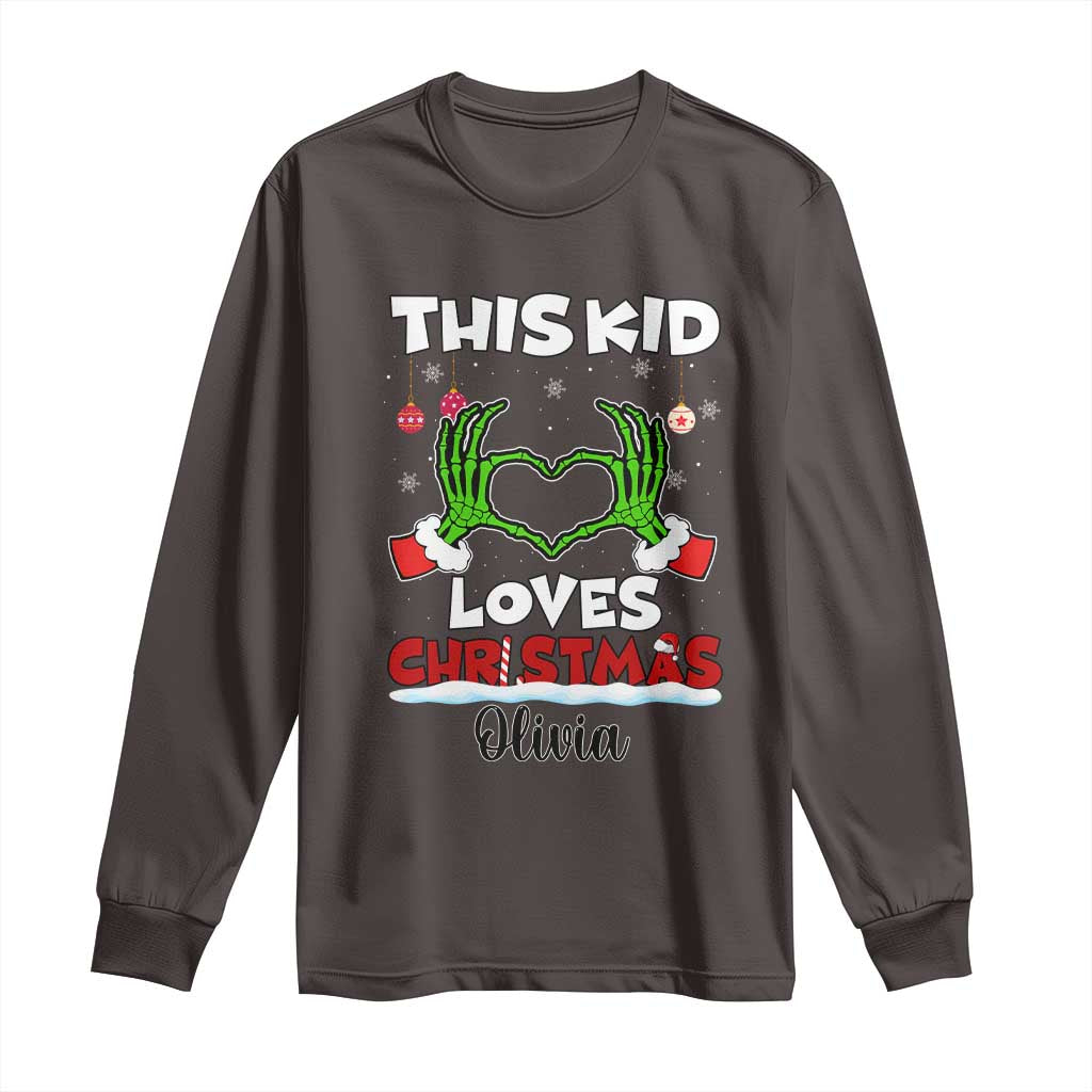 Personalized Funny Christmas Lover Long Sleeve Shirt Custom Kids Name Skeleton Hand Heart TS02 Dark Chocolate Print Your Wear