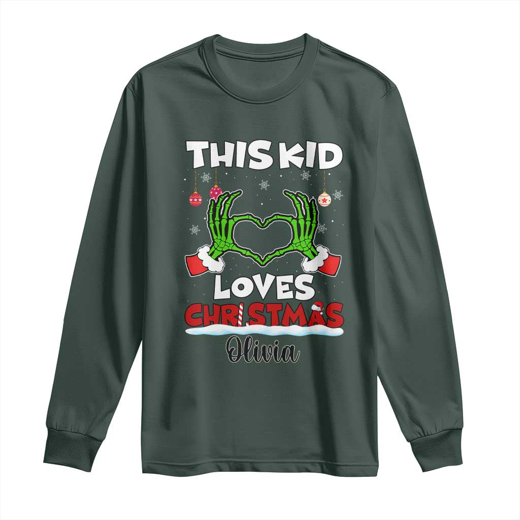 Personalized Funny Christmas Lover Long Sleeve Shirt Custom Kids Name Skeleton Hand Heart TS02 Dark Forest Green Print Your Wear