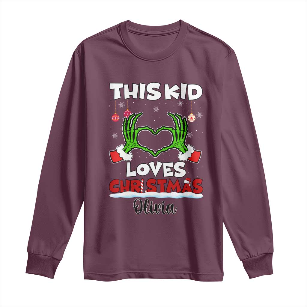 Personalized Funny Christmas Lover Long Sleeve Shirt Custom Kids Name Skeleton Hand Heart TS02 Maroon Print Your Wear