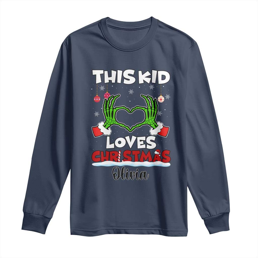 Personalized Funny Christmas Lover Long Sleeve Shirt Custom Kids Name Skeleton Hand Heart TS02 Navy Print Your Wear