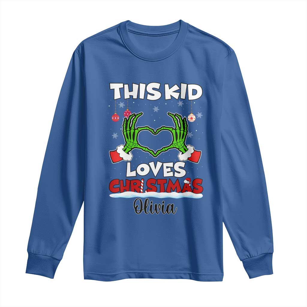 Personalized Funny Christmas Lover Long Sleeve Shirt Custom Kids Name Skeleton Hand Heart TS02 Royal Blue Print Your Wear