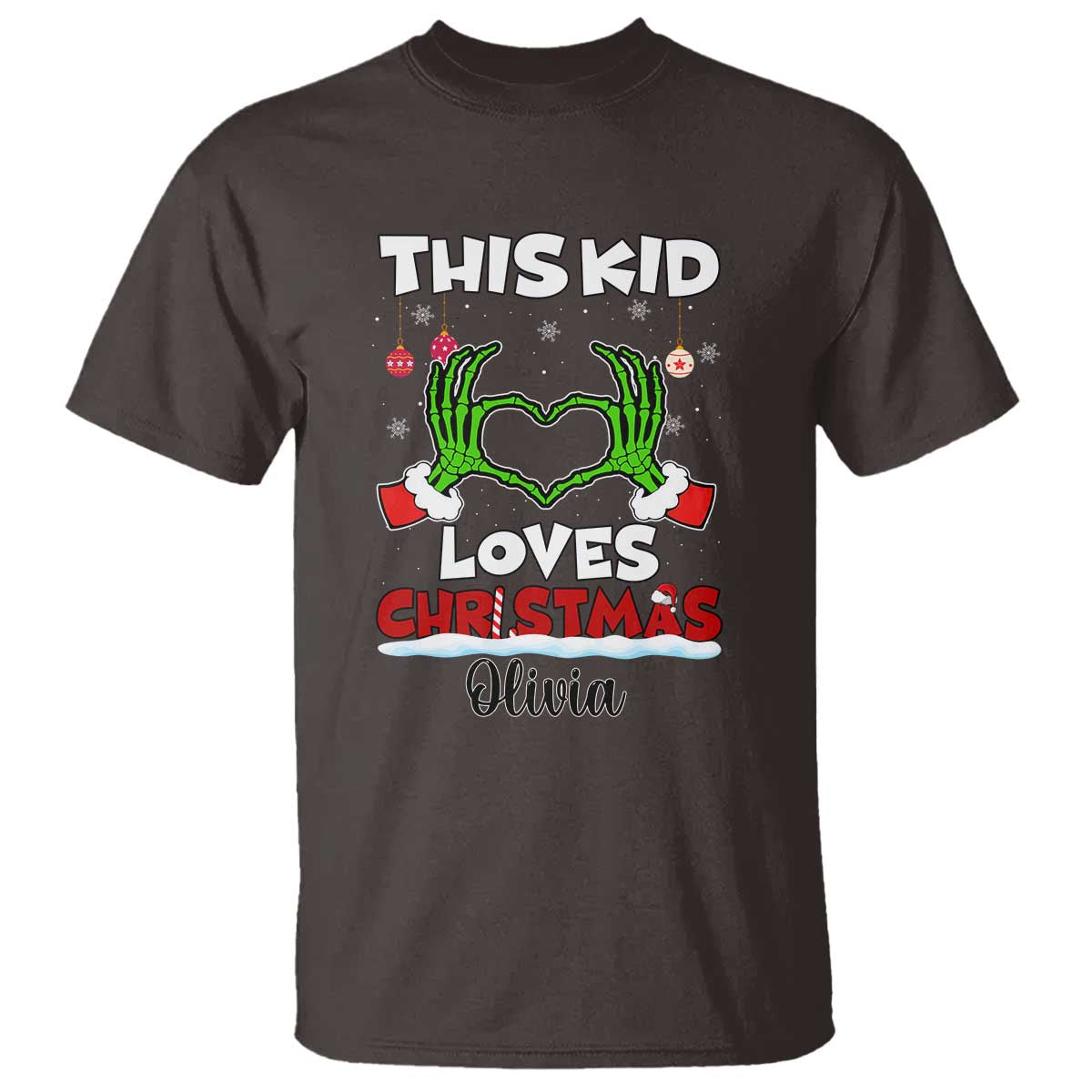 Personalized Funny Christmas Lover T Shirt Custom Kids Name Skeleton Hand Heart TS02 Dark Chocolate Print Your Wear