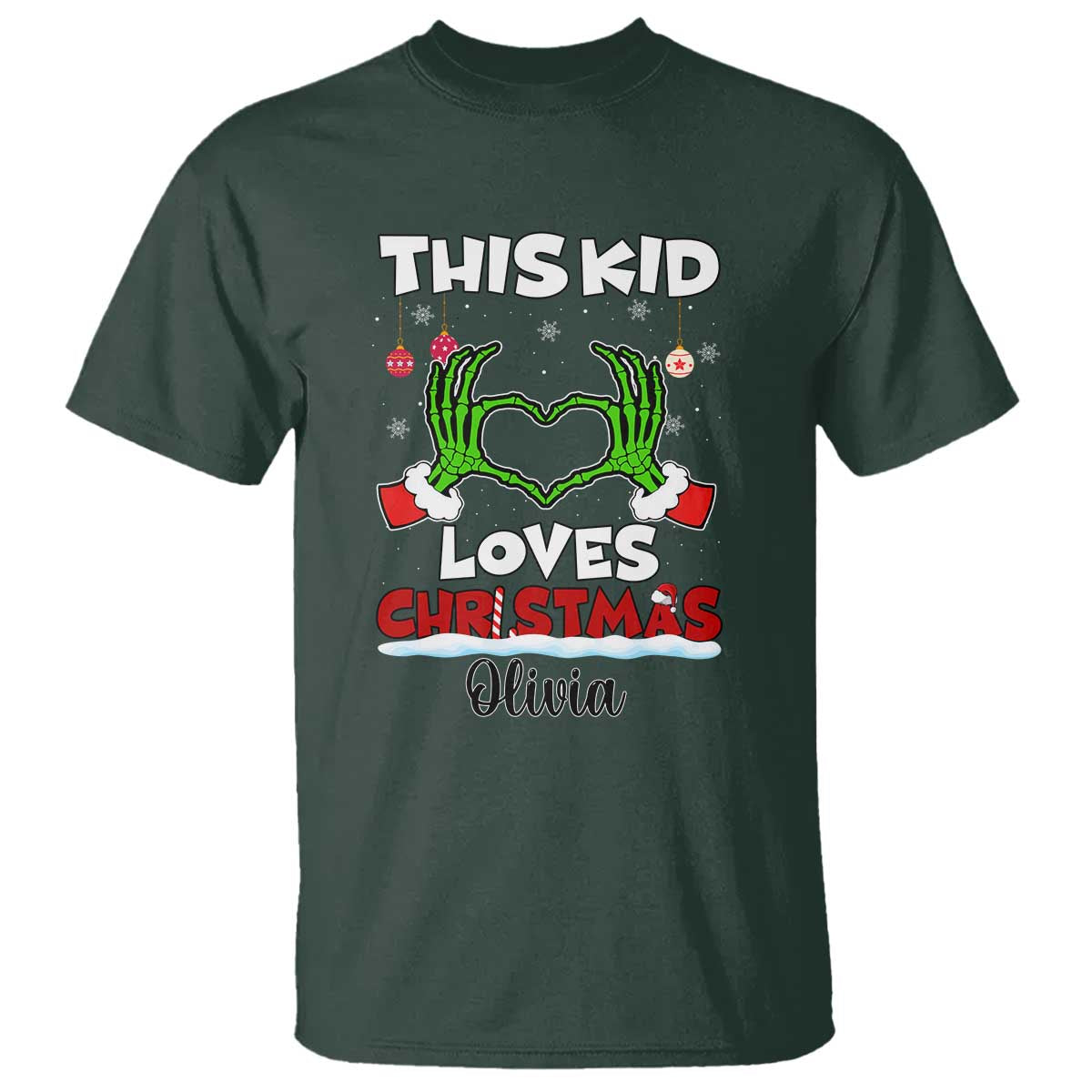 Personalized Funny Christmas Lover T Shirt Custom Kids Name Skeleton Hand Heart TS02 Dark Forest Green Print Your Wear