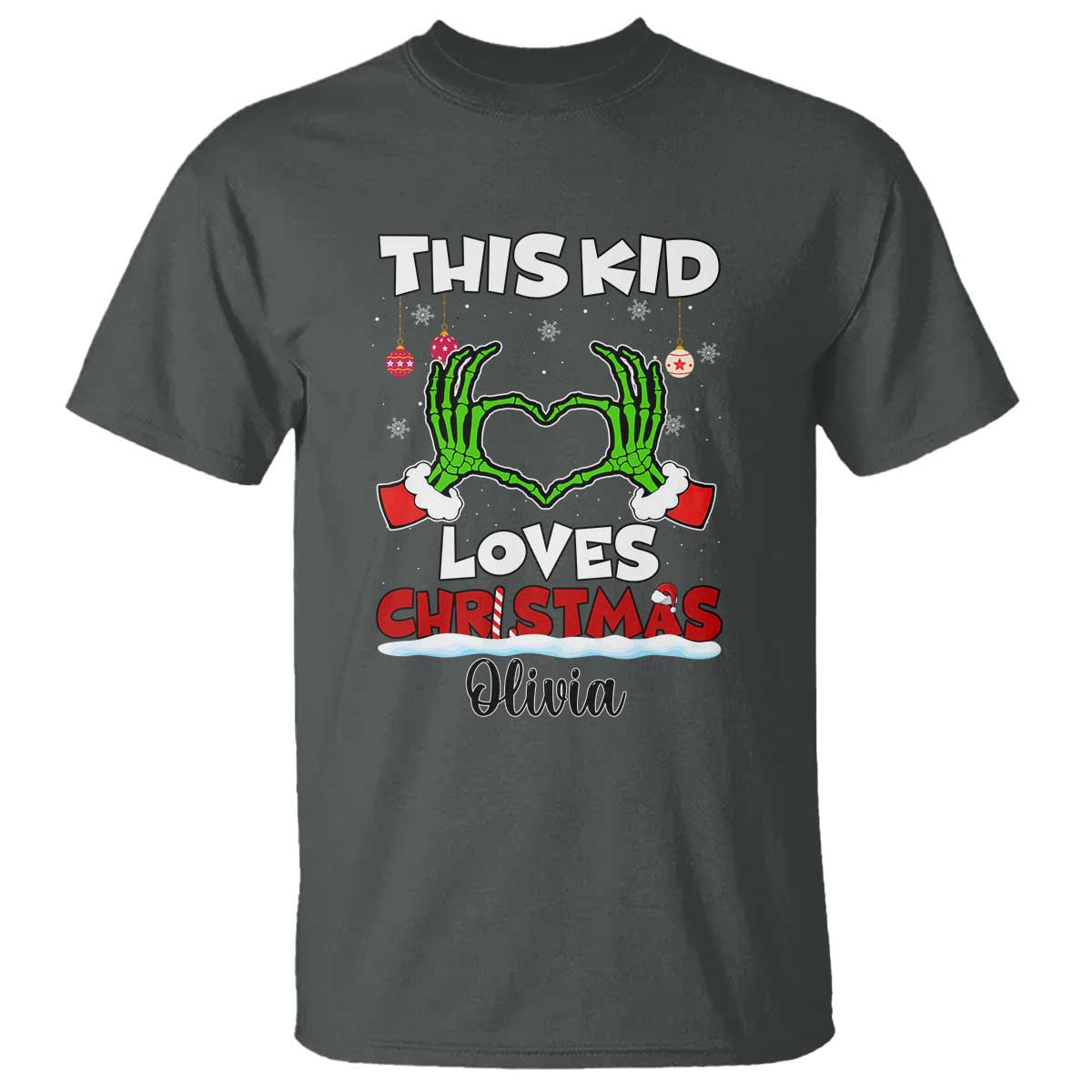 Personalized Funny Christmas Lover T Shirt Custom Kids Name Skeleton Hand Heart TS02 Dark Heather Print Your Wear