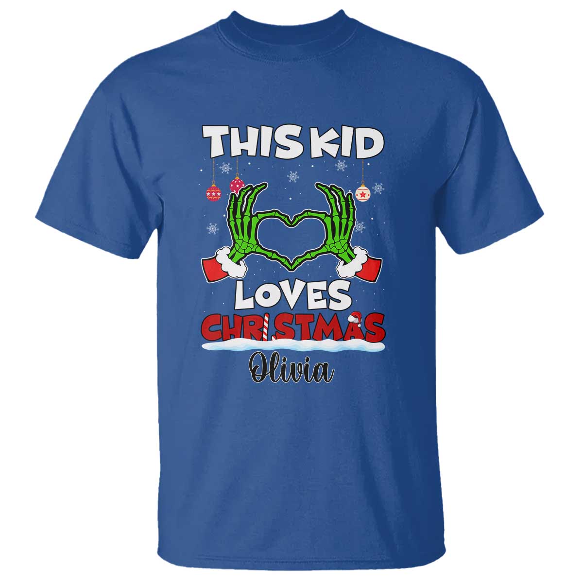 Personalized Funny Christmas Lover T Shirt Custom Kids Name Skeleton Hand Heart TS02 Royal Blue Print Your Wear