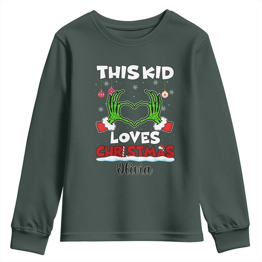 Personalized Funny Christmas Lover Youth Sweatshirt Custom Kids Name Skeleton Hand Heart TS02 Dark Forest Green Print Your Wear