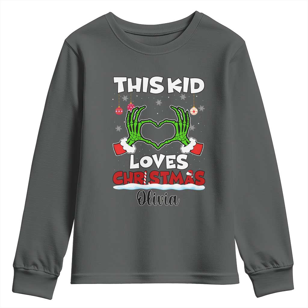 Personalized Funny Christmas Lover Youth Sweatshirt Custom Kids Name Skeleton Hand Heart TS02 Dark Heather Print Your Wear