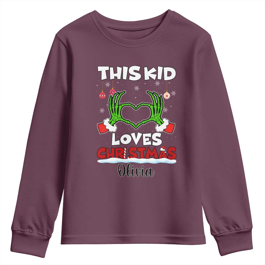 Personalized Funny Christmas Lover Youth Sweatshirt Custom Kids Name Skeleton Hand Heart TS02 Maroon Print Your Wear