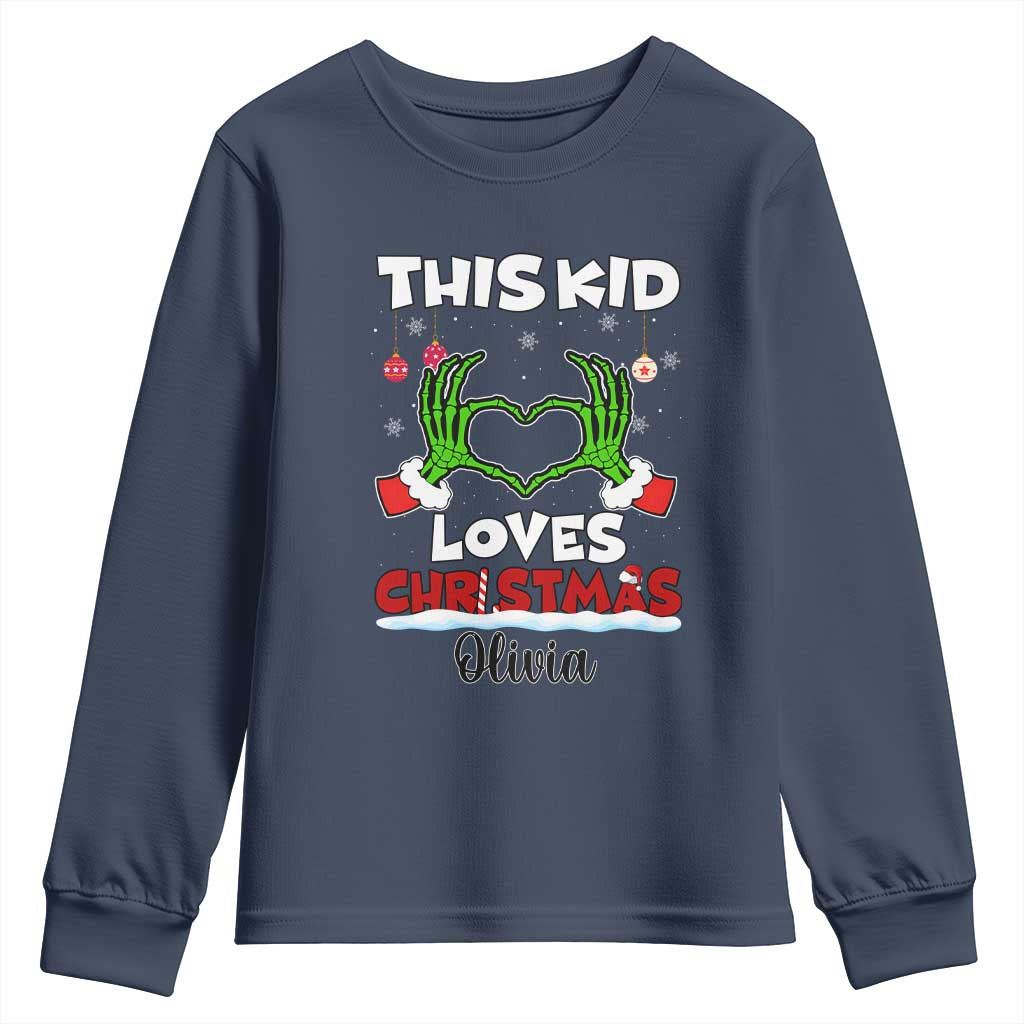 Personalized Funny Christmas Lover Youth Sweatshirt Custom Kids Name Skeleton Hand Heart TS02 Navy Print Your Wear