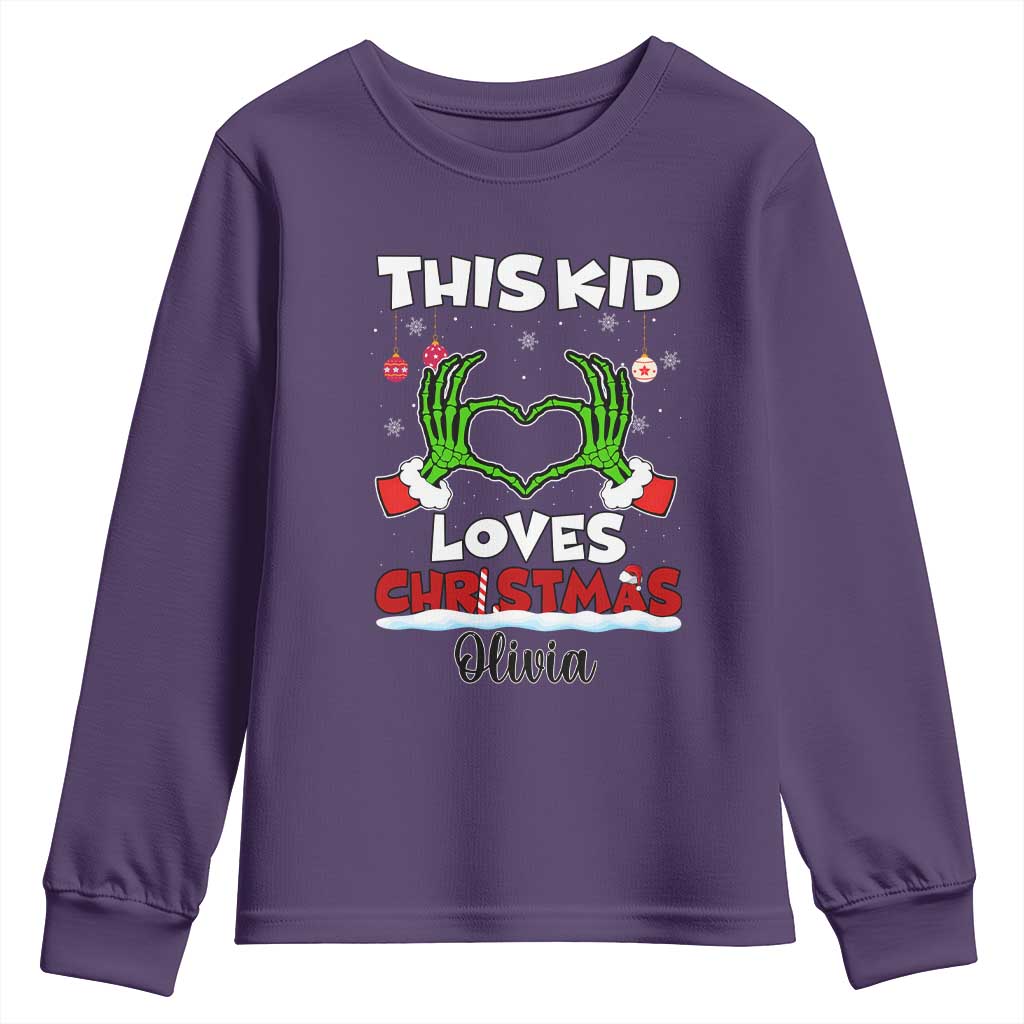 Personalized Funny Christmas Lover Youth Sweatshirt Custom Kids Name Skeleton Hand Heart TS02 Purple Print Your Wear