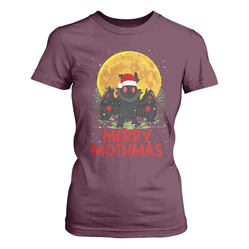 Mothman Christmas T Shirt For Women Funny Merry Mothmas Cryptid Xmas Santa TS02 Maroon Print Your Wear