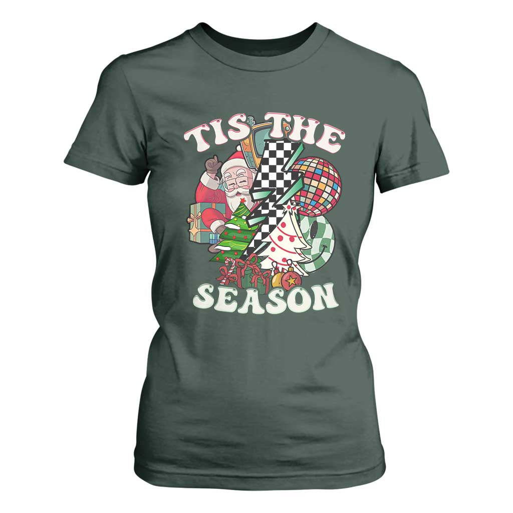 Groovy Christmas T Shirt For Women Tis The Season Retro Santa Vibe TS02 Dark Forest Green Print Your Wear