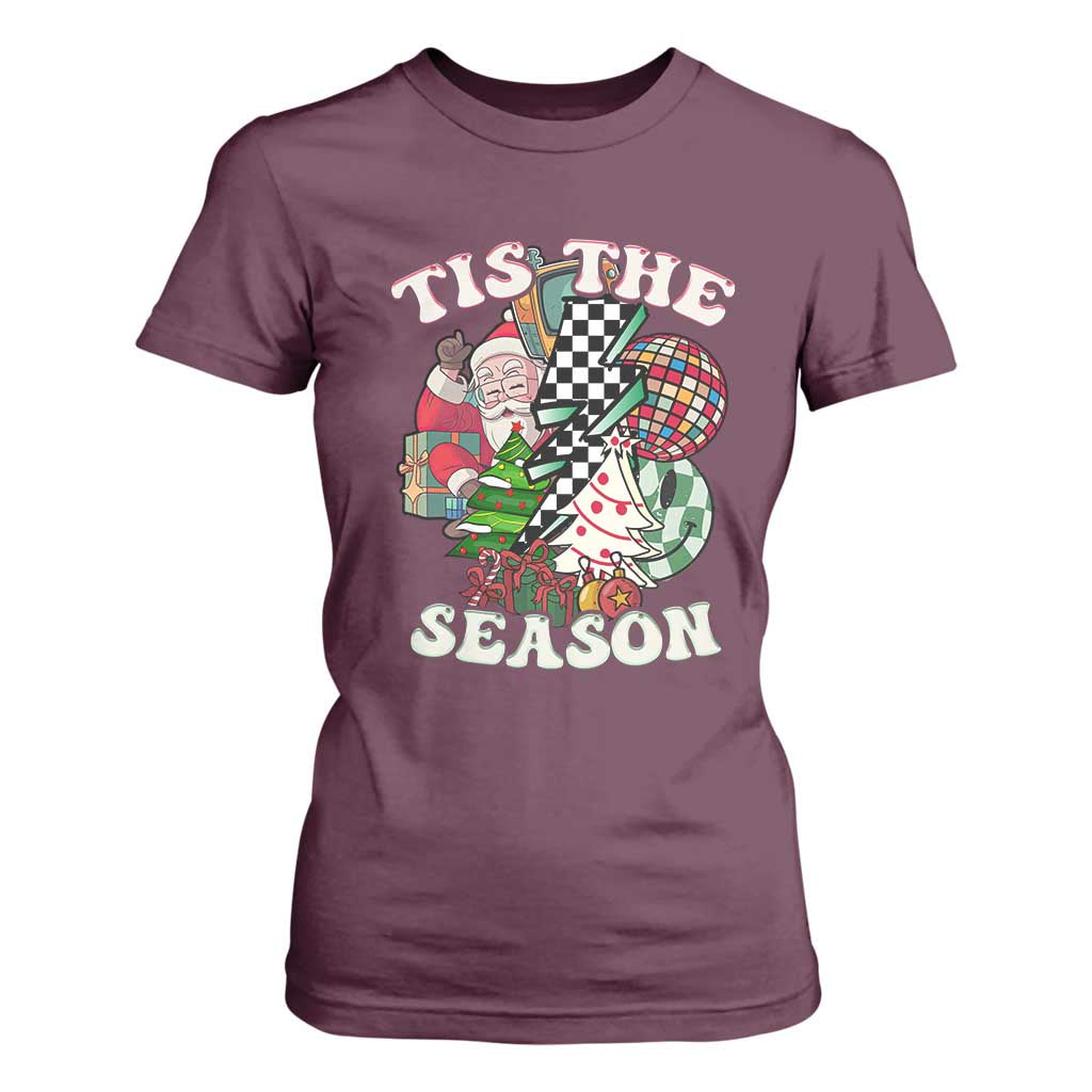 Groovy Christmas T Shirt For Women Tis The Season Retro Santa Vibe TS02 Maroon Print Your Wear