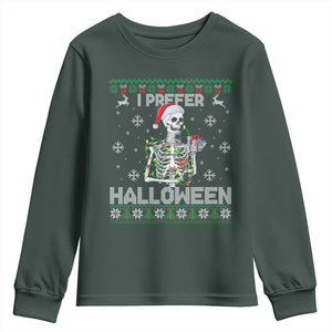 Funny Skeleton Christmas Youth Sweatshirt I Prefer Halloween Spooky Xmas Holiday TS02 Dark Forest Green Print Your Wear