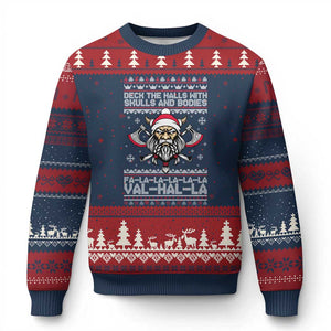 Deck The Halls With Skulls and Bodies Ugly Christmas Sweater Viking Xmas Fa La La Valhalla TS02 Navy Red Print Your Wear