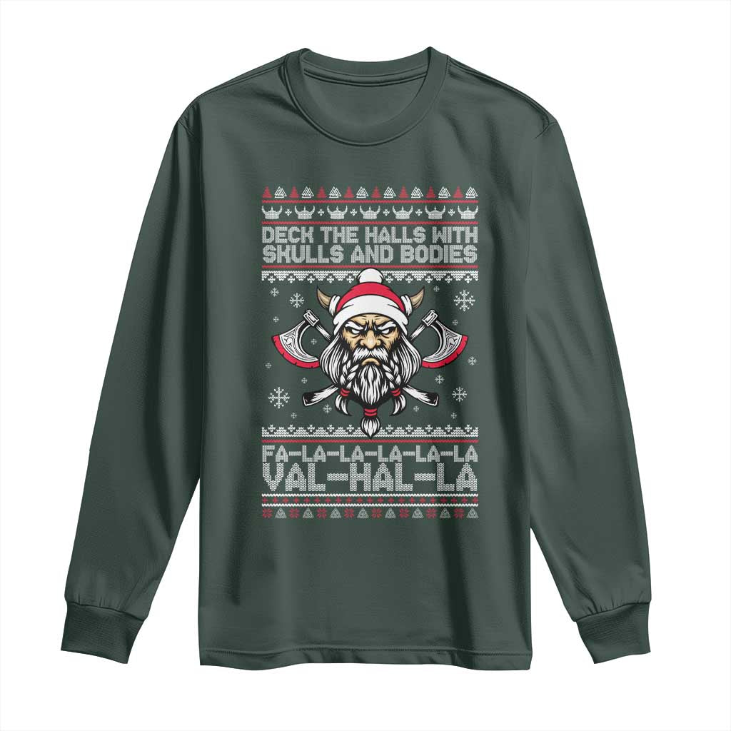 Deck The Halls With Skulls and Bodies Long Sleeve Shirt Viking Christmas Fa La La Valhalla TS02 Dark Forest Green Print Your Wear