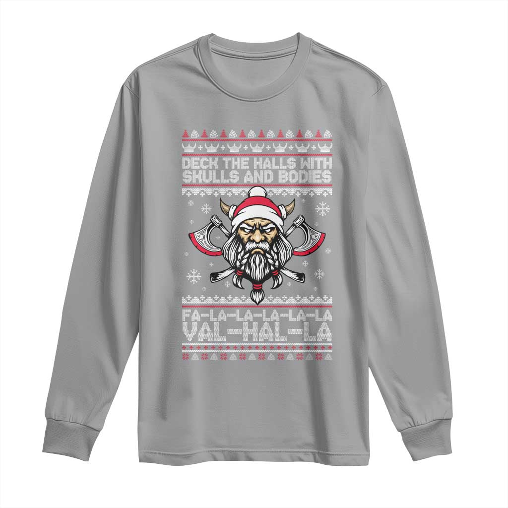 Deck The Halls With Skulls and Bodies Long Sleeve Shirt Viking Christmas Fa La La Valhalla TS02 Sport Gray Print Your Wear