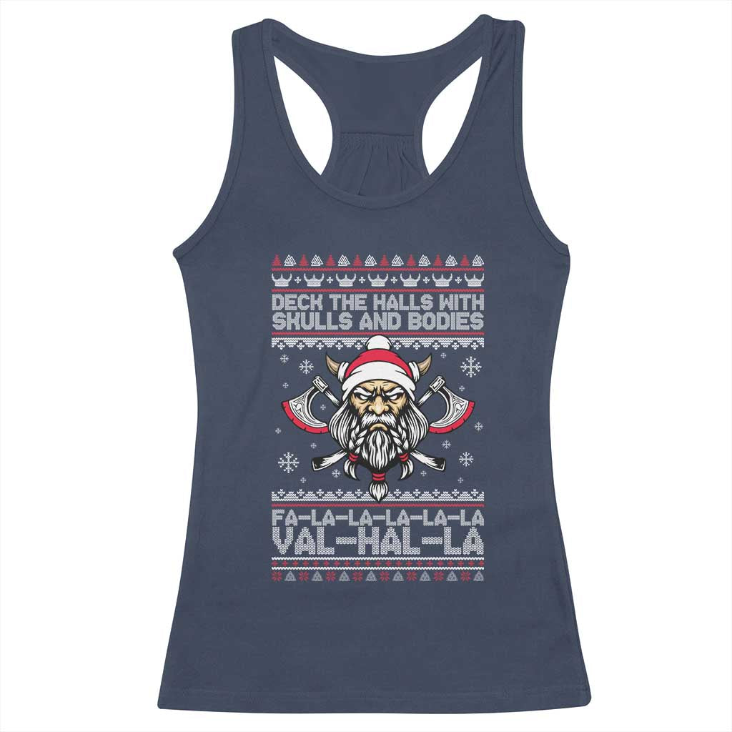 Deck The Halls With Skulls and Bodies Racerback Tank Top Viking Christmas Fa La La Valhalla TS02 Navy Print Your Wear