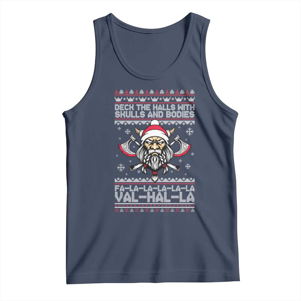 Deck The Halls With Skulls and Bodies Tank Top Viking Christmas Fa La La Valhalla TS02 Navy Print Your Wear