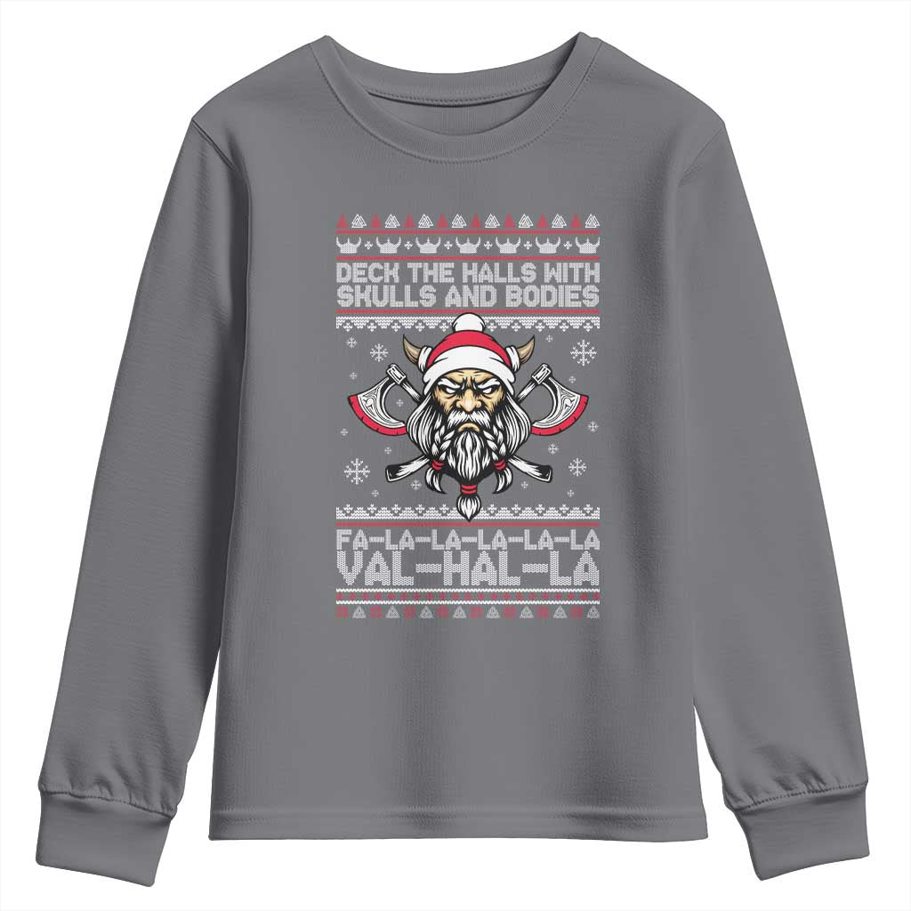 Deck The Halls With Skulls and Bodies Youth Sweatshirt Viking Christmas Fa La La Valhalla TS02 Charcoal Print Your Wear