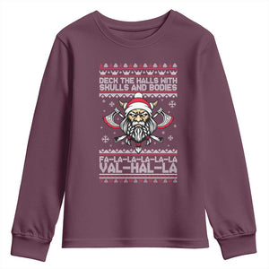 Deck The Halls With Skulls and Bodies Youth Sweatshirt Viking Christmas Fa La La Valhalla TS02 Maroon Print Your Wear
