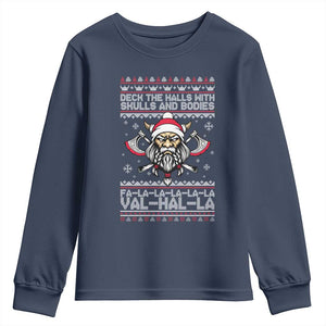 Deck The Halls With Skulls and Bodies Youth Sweatshirt Viking Christmas Fa La La Valhalla TS02 Navy Print Your Wear