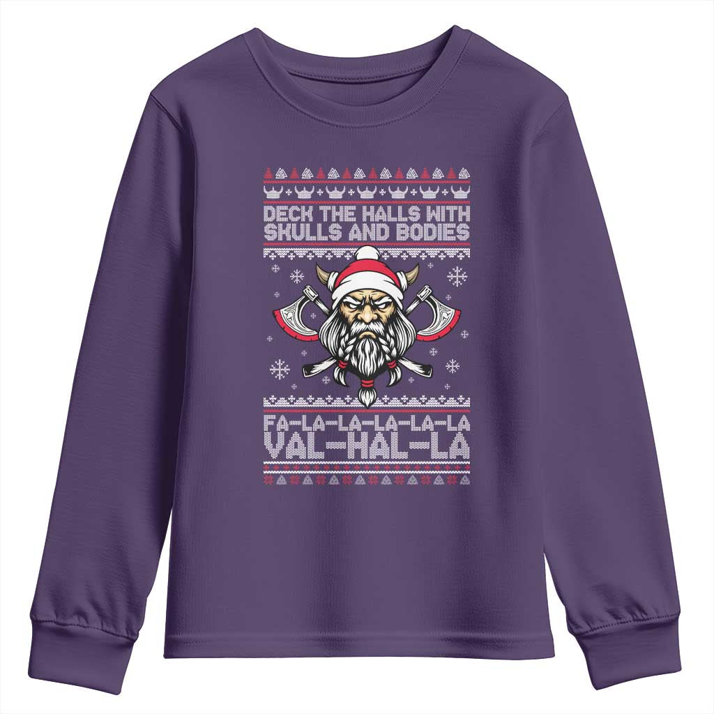 Deck The Halls With Skulls and Bodies Youth Sweatshirt Viking Christmas Fa La La Valhalla TS02 Purple Print Your Wear