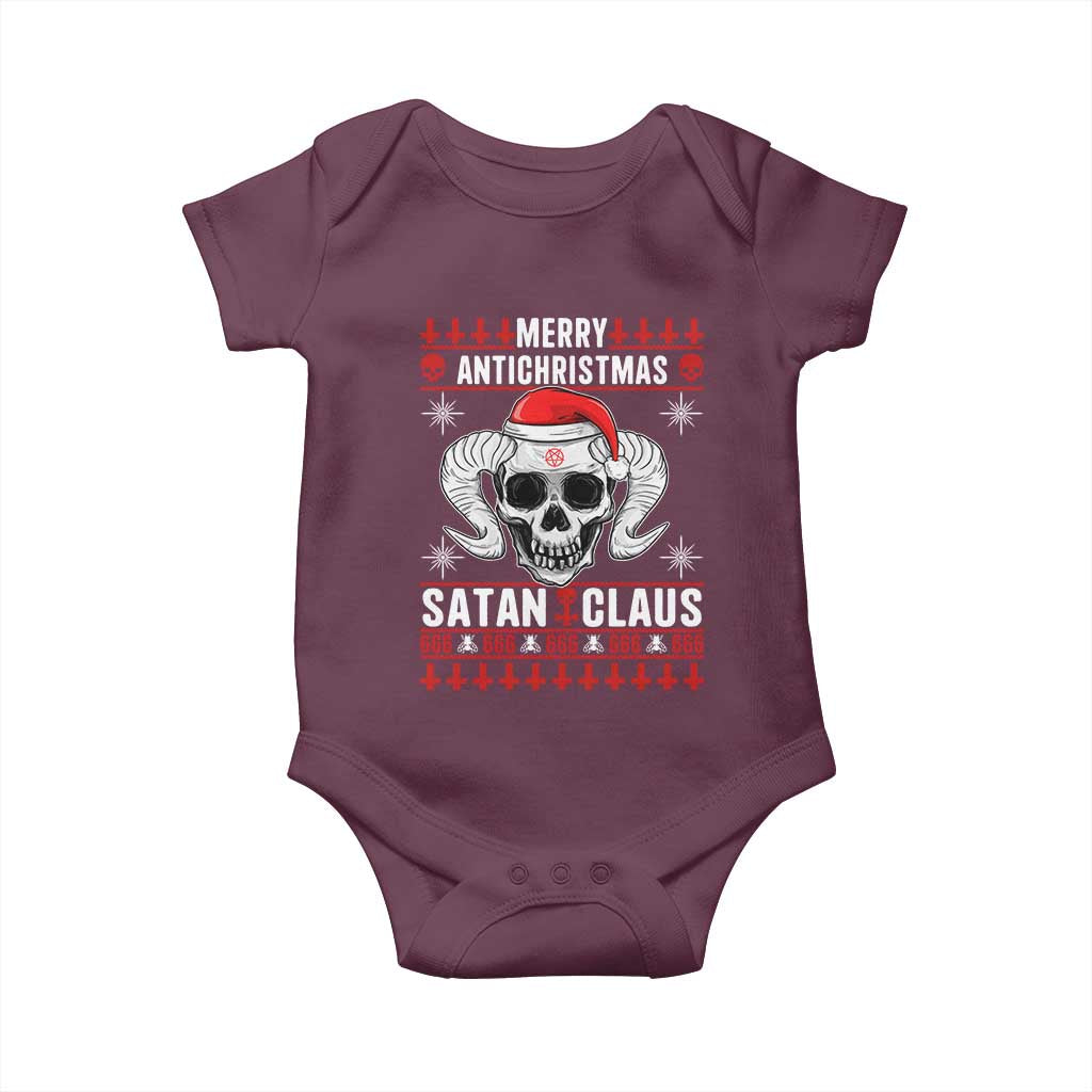 Satan Claus Skull Antichristmas Baby Onesie Dark Humor Holiday 666 Skull and Horns TS02 Maroon Print Your Wear