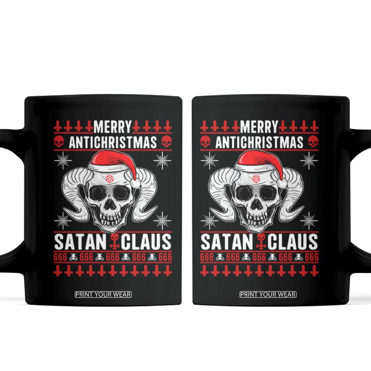 Satan Claus Skull Antichristmas Coffee Mug Dark Humor Holiday 666 Skull and Horns TS02 Black Print Your Wear