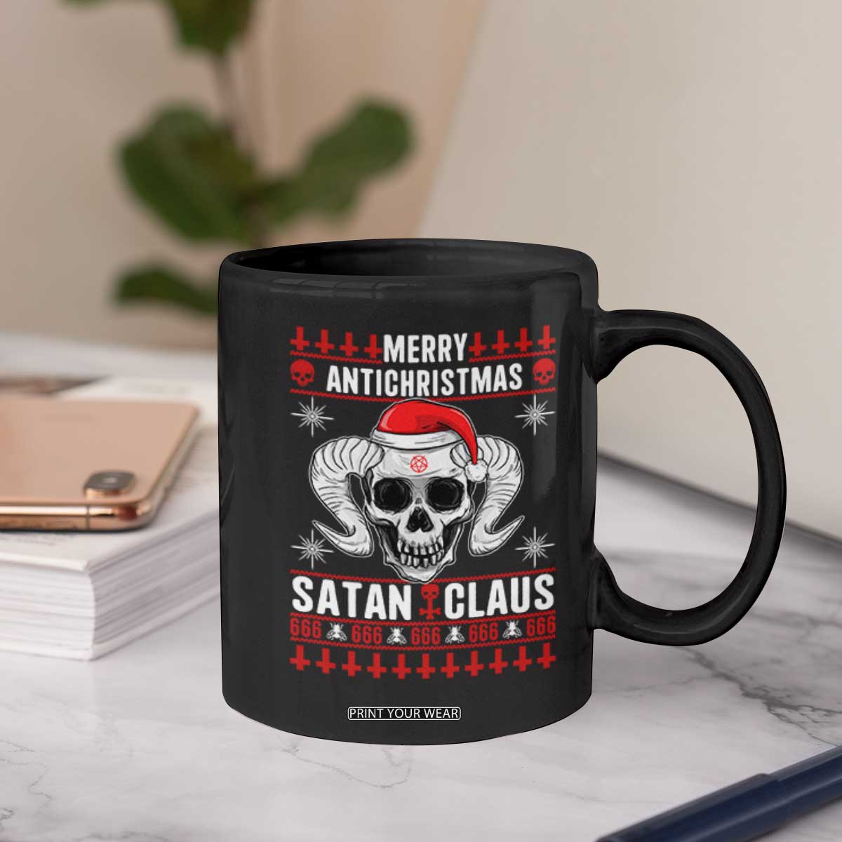 Satan Claus Skull Antichristmas Coffee Mug Dark Humor Holiday 666 Skull and Horns TS02 Print Your Wear