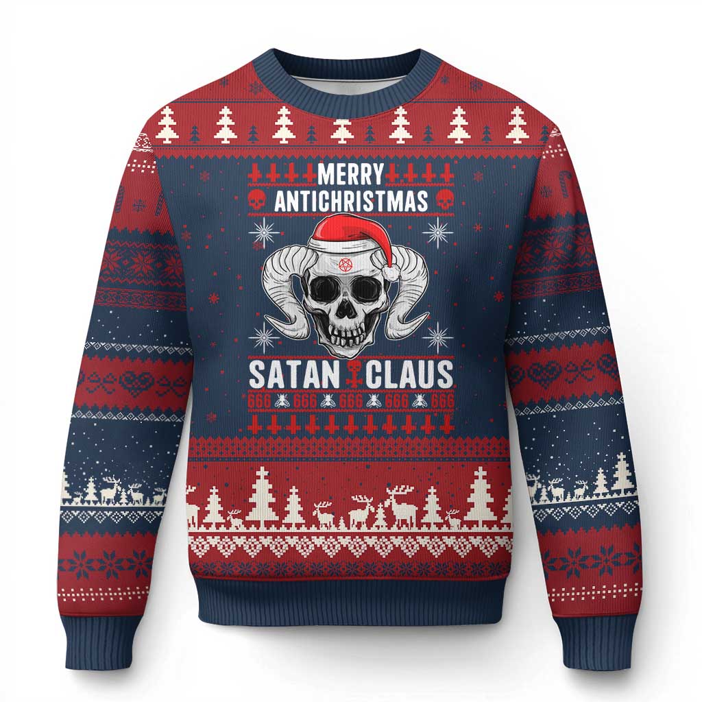Satan Claus Skull Antichristmas Ugly Christmas Sweater Dark Humor Holiday 666 Skull and Horns TS02 Navy Red Print Your Wear