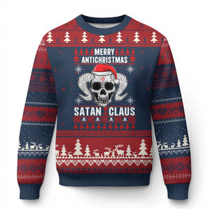Satan Claus Skull Antichristmas Ugly Christmas Sweater Dark Humor Holiday 666 Skull and Horns TS02 Navy Red Print Your Wear
