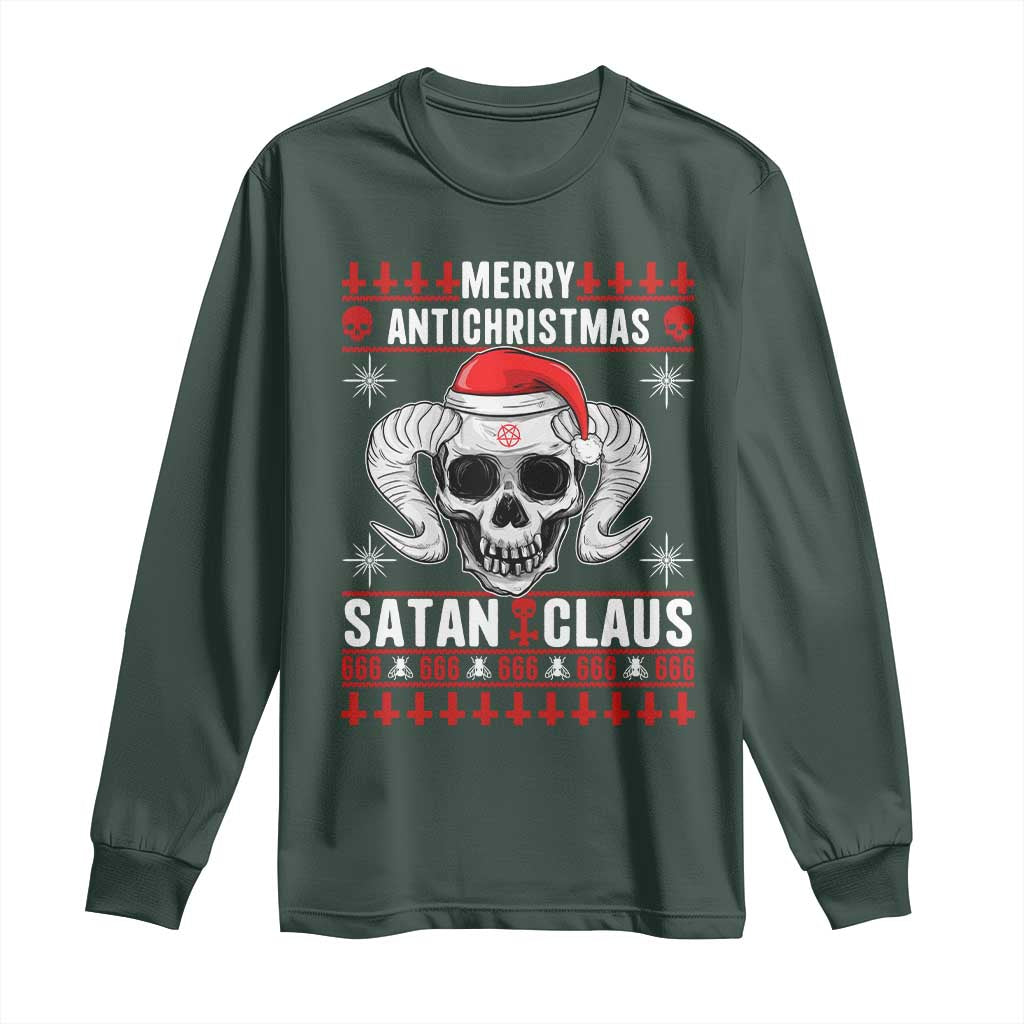 Satan Claus Skull Antichristmas Long Sleeve Shirt Dark Humor Holiday 666 Skull and Horns TS02 Dark Forest Green Print Your Wear
