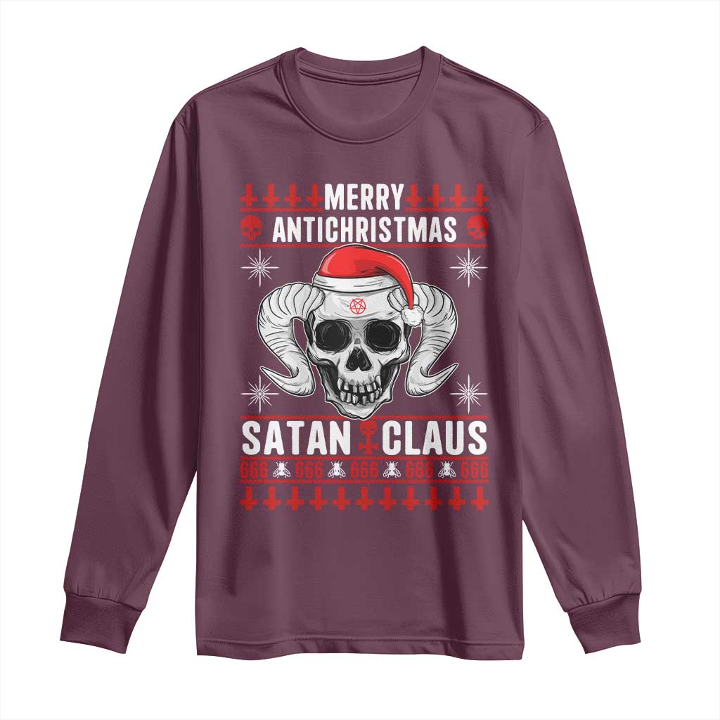 Satan Claus Skull Antichristmas Long Sleeve Shirt Dark Humor Holiday 666 Skull and Horns TS02 Maroon Print Your Wear