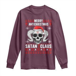 Satan Claus Skull Antichristmas Long Sleeve Shirt Dark Humor Holiday 666 Skull and Horns TS02 Maroon Print Your Wear